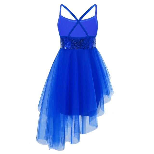 iiniim Robe de Danse Lyrique à Sequins pour Filles, Robe Tutu de Ballet, Dos Croisé, Justaucorps de Gym, Tenue de Danse une Pièce, Bleu Foncé TG