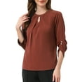thumbnail image 4 of CURVOSPORT Camisa Elegante para Mujeres Top de Oficina con Abertura Clave Plisado Frontal Arrugado de Manga 3/4 Blusa de Chifón M Marrón Rojo, 4 of 6