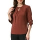 thumbnail image 4 of CURVOSPORT Camisa Elegante para Mujeres Top de Oficina con Abertura Clave Plisado Frontal Arrugado de Manga 3/4 Blusa de Chifón M Marrón Rojo, 4 of 6