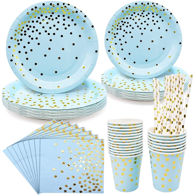 RV Vajilla de fiesta de cumpleaños para 20 invitados, vajilla de fiesta de oro azul con puntos dorados, vajilla de papel desechable, platos de papel de servilleta de paja para bodas, cumpleaños, despe