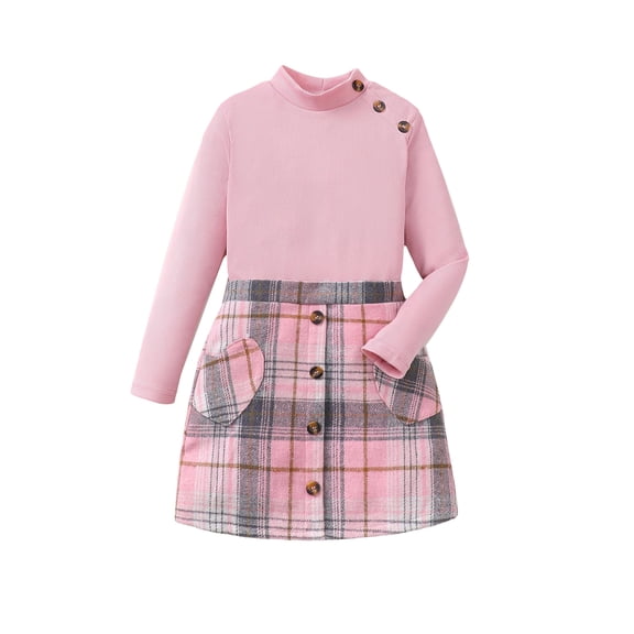 Kucnuzki 11 Years Big Girls Outfits 12 Years Youth Kids Child Winter Clothes Sets Long Sleeves Button Top Solid Color Knitted Tops Plaid Skirt Set 2pcs Warm Clothing Pink