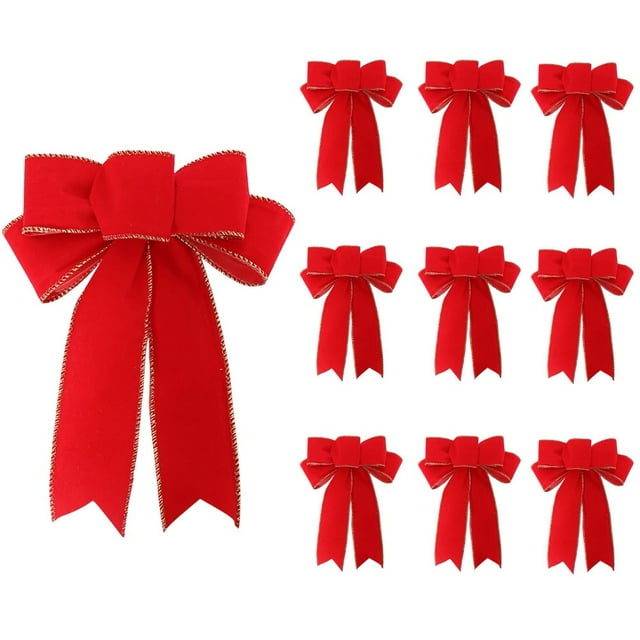 Estbridge 10 Pcs Nœuds Rouges Décorations de Noël 9 x 13 Pouces Grand Nœud en Velours Filaire avec Bordure Dorée pour Couronnes Emballage Cadeau Extérieur Arbre
