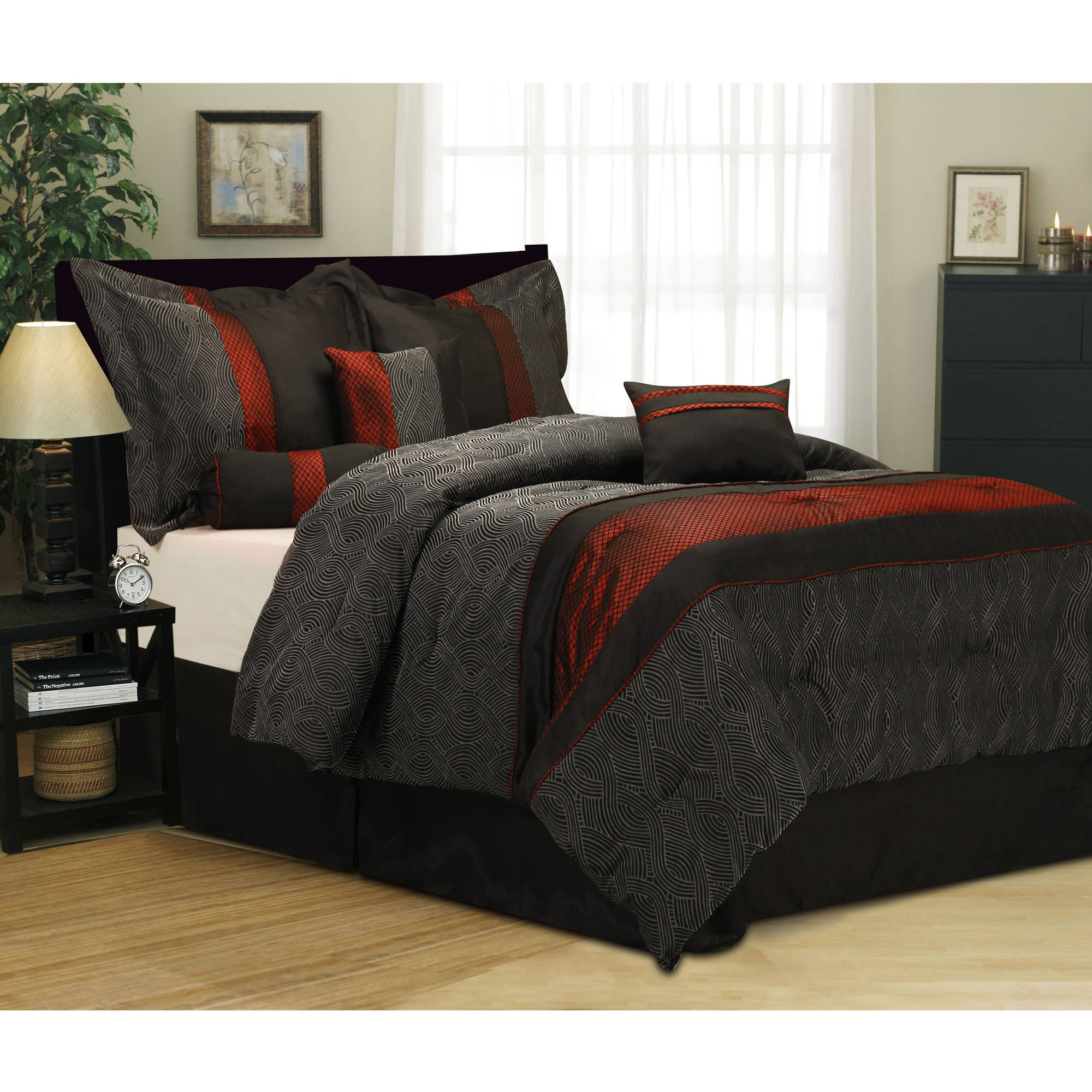 7 Piece Bedding Comforter Set Queen Size Black Red Shams Pillows