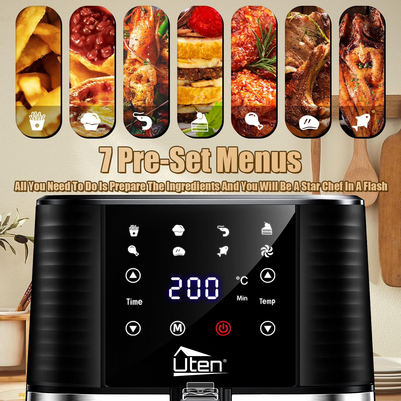 Uten 5.8 Qt Air Fryer Toaster Oven, 1700W 7-in-1 Oil Free Airfryer with 7 Presets & Touch Screen Timer & Temperature Control, Nonstick Basket for Roast Bake Reheat, Easy Clean Compact, Black
