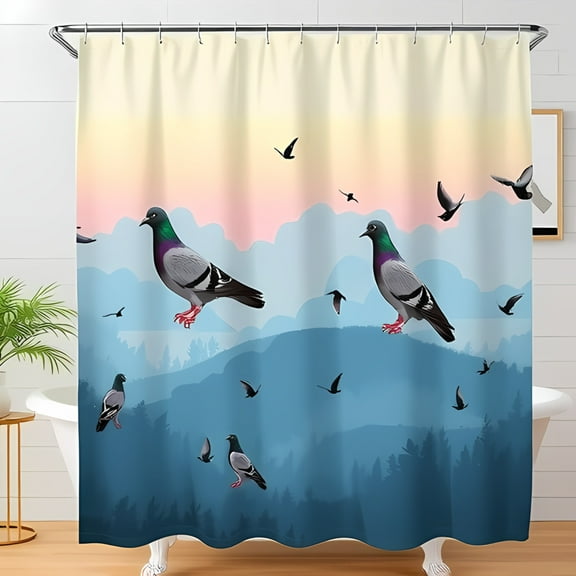 Serene Pastel Hills & Tranquil Blue Forest Shower Curtain with Realistic Pigeons & Silhouetted Birds in