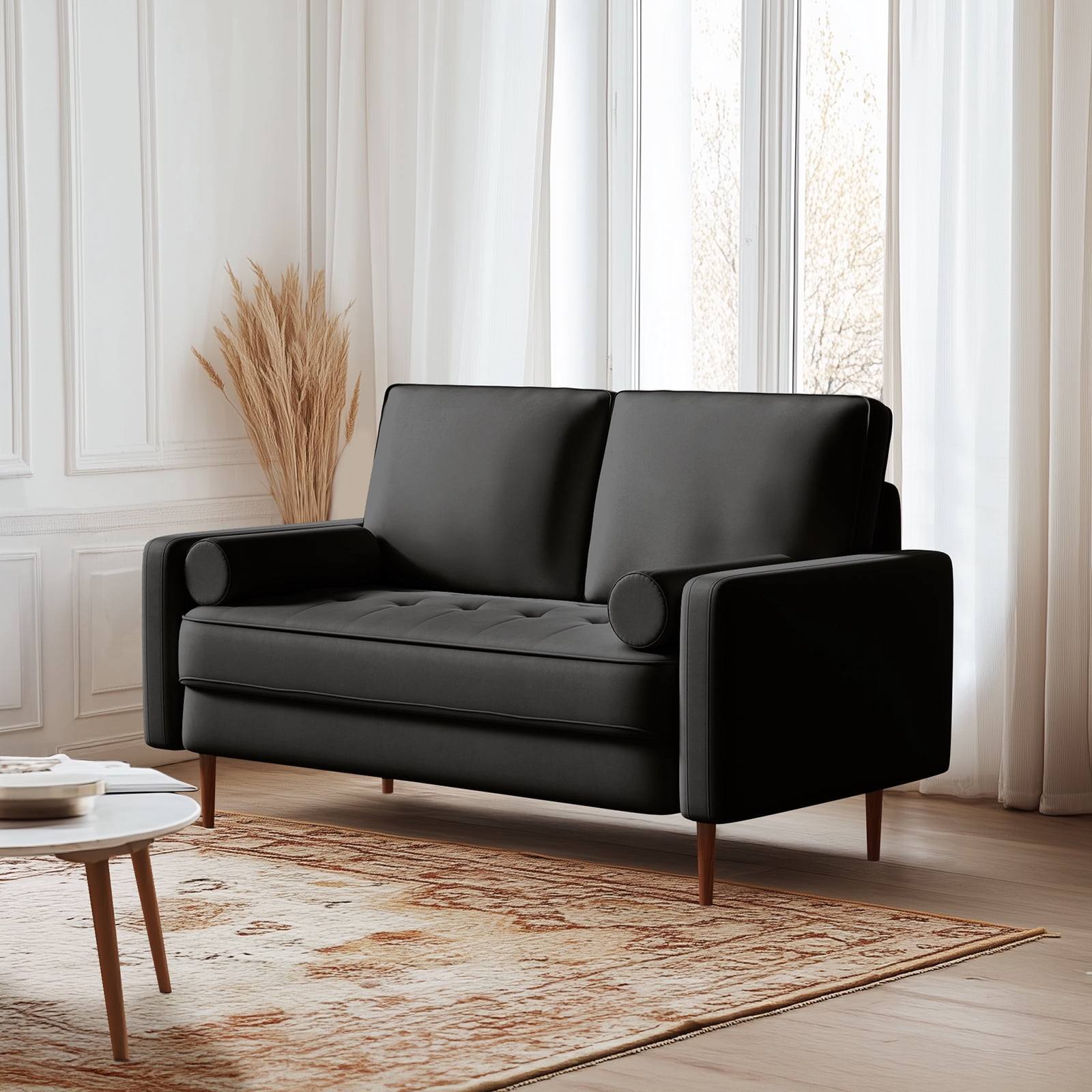 Dixie 57" Small Sofa Loveseat Couch, Premium Velvet Fabric And 2 Bolster Pillows Suitable for Apartment or Small Living Room, Black