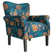 BELLEZE Modern Accent Chair for Living Room, High Back Linen Armchair with Wooden Legs, Upholstered Wingback Side Chair Padded Armrest Single Sofa for Living Room, Bedroom - Allston (Blue & Flower)