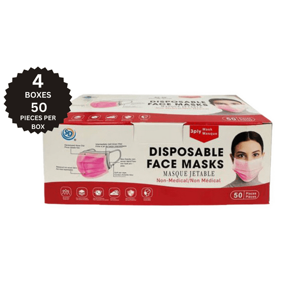 SD Masque Facial Jetable 3ply, 50 Masques/pack - Rose - 200 Masques