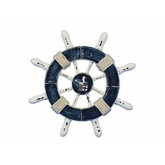 Hampton Nautical Rustic Dark Blue and White Decorative Ship Wheel with Seagull 6" - Wooden Boat