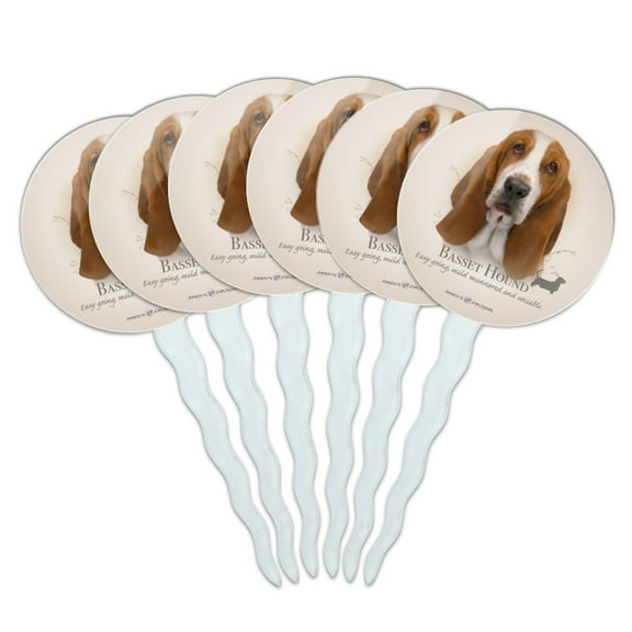 Basset Hound Dog Breed Cupcake Picks Toppers Decoration Set of 6