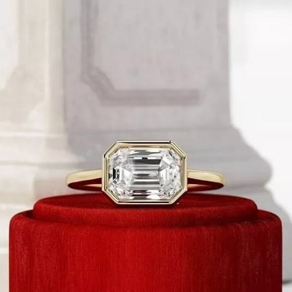 3Ct Emerald Cut Lab Created East West Diamond Solitaire Engagement Rings 14K Yellow Gold Plated