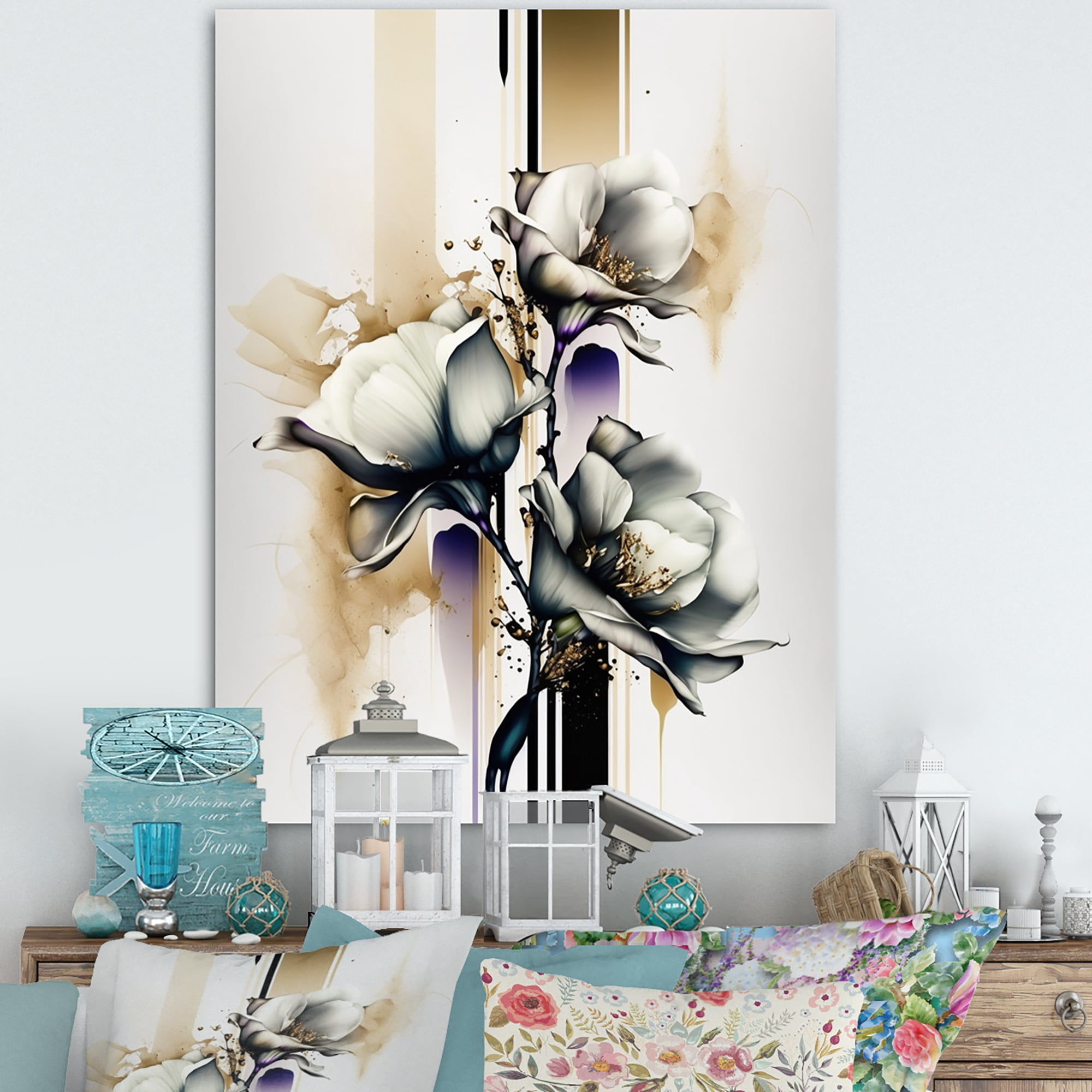 Designart White Orchid Flower On Golden Beige Paint I Canvas Wall Art