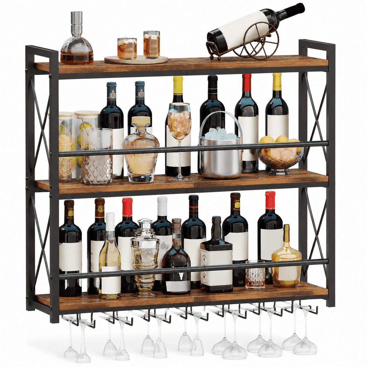 Wine Rack Wall Mounted 4-Tier Wall Wine Bottle Rack with LED Light | Hanging Bar Liquor Shelf with Wine Glass Holder Wall Shelf for Storage and Display Dining Room Home Bar and Kitchen