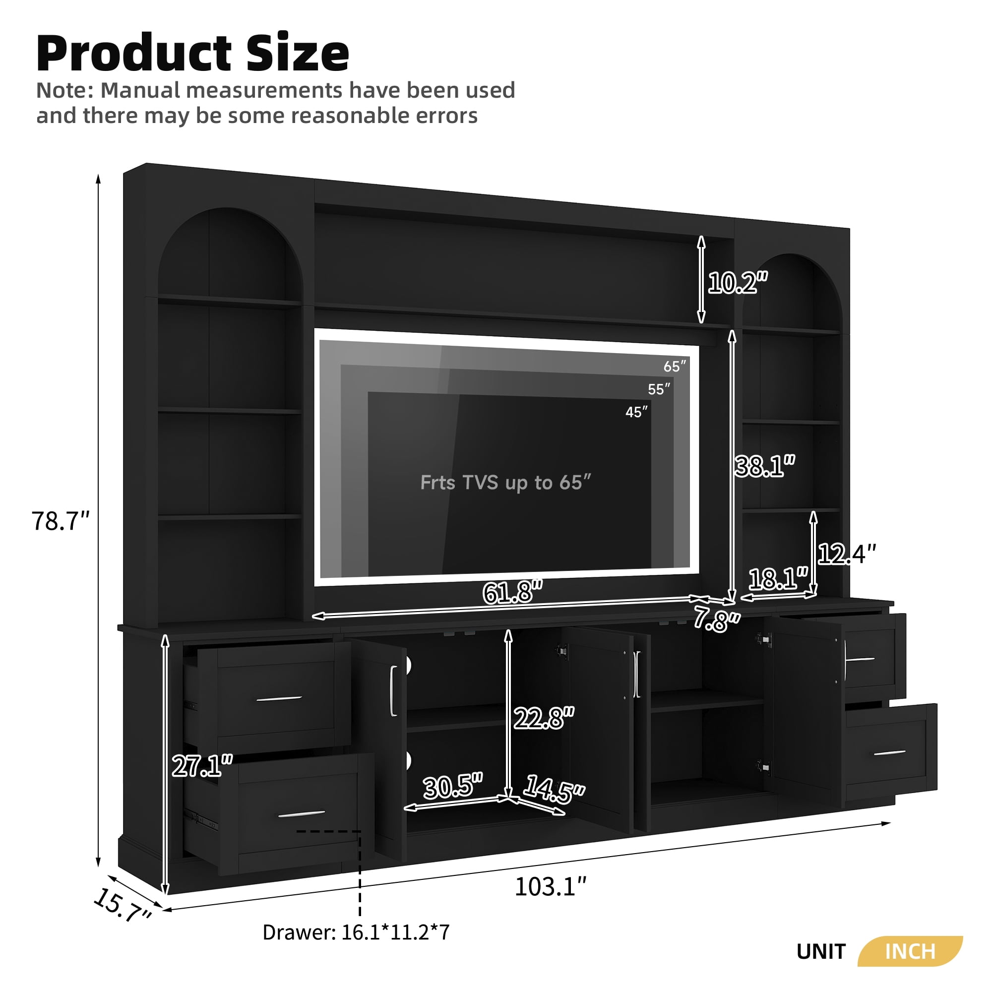4 Piece Wall Unit TV Stand for TVs up to 65", Modern Entertainment Center with Bookshelf, Wine Cabinet, Display Storage, Multifunctional All-in-One TV Console Table for Living Room,Black