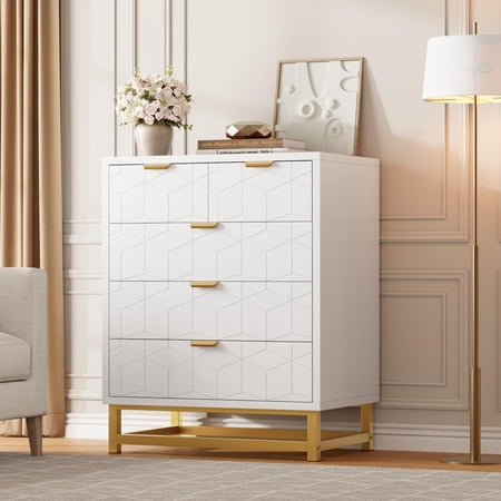 Modern 5-Drawer Dresser with Gold Metal Legs White Stylish Storage Chest for Bedroom Closet or Living Room