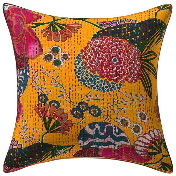 Stylo Culture Ethnic Decorative Throw Pillow Cover 16x16 Kantha Mango Yellow Printed 40cm x 40cm Home Decor Accent Pillowcase Cotton Tropicana Square Cushion Cover | 1 Pc
