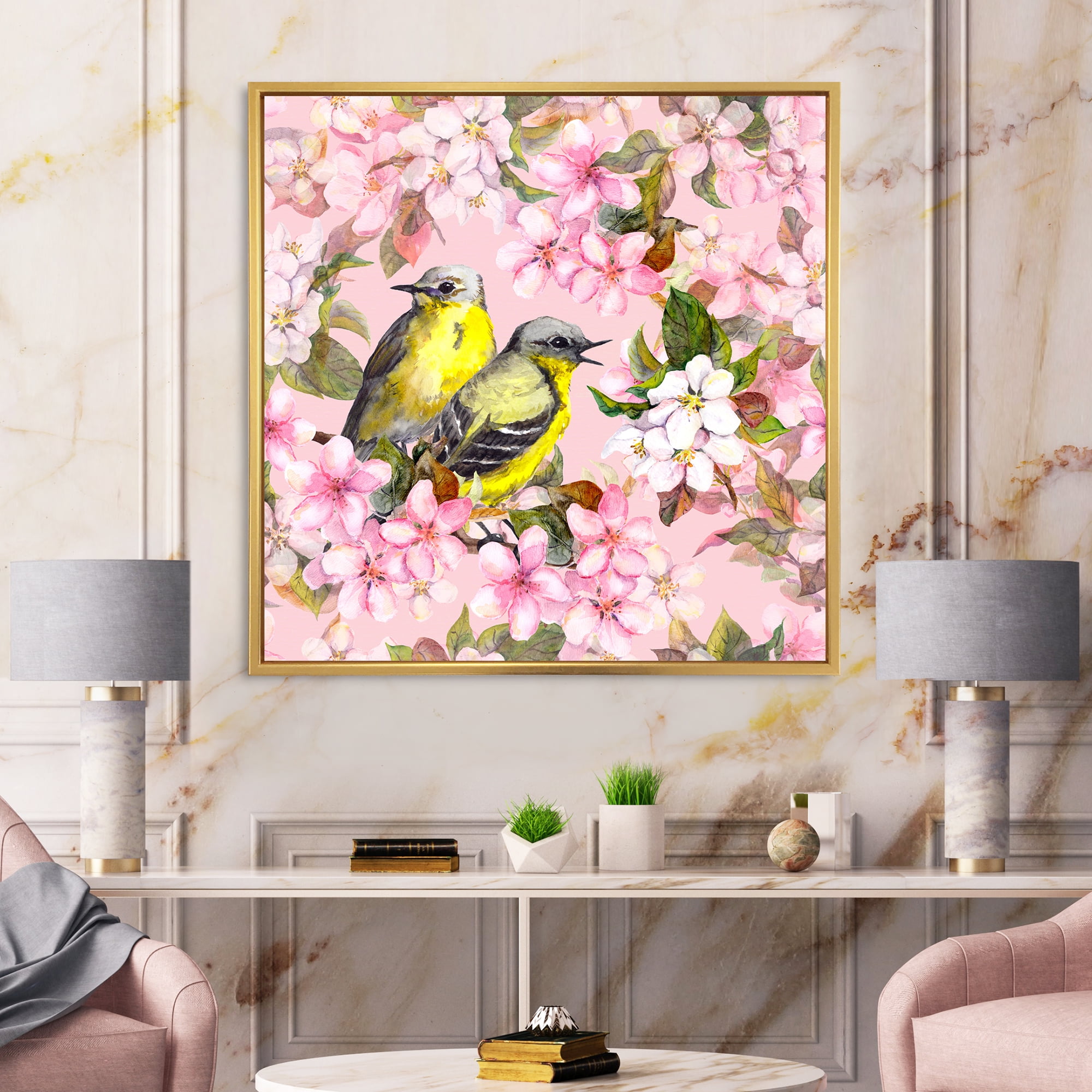 Birds On Pink Cherry Sakura and Apple Flowers I 16 in x 16 in Framed Painting Canvas Art Print, by Designart