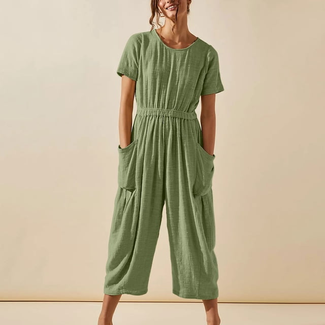 Fankiway Combinaison Décontractée Ample pour Femmes avec Poches, Bretelles, Coton et Lin, Manches Courtes, Pantalon Grand pour Femmes en Liquidation