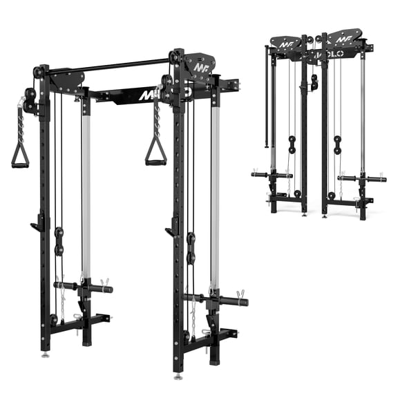 Mikolo Foldable Power Rack Cage,1000lbs Capacity Wall Mounted Squat Rack with independent pulley system, Space Saving Home Gym Equipment with 5 Adjustable Angle