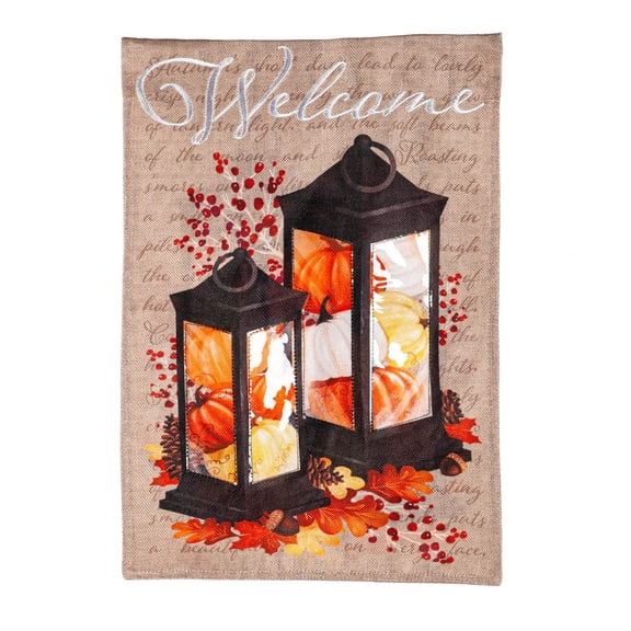 Evergreen Pumpkin Lanterns House Burlap Flag