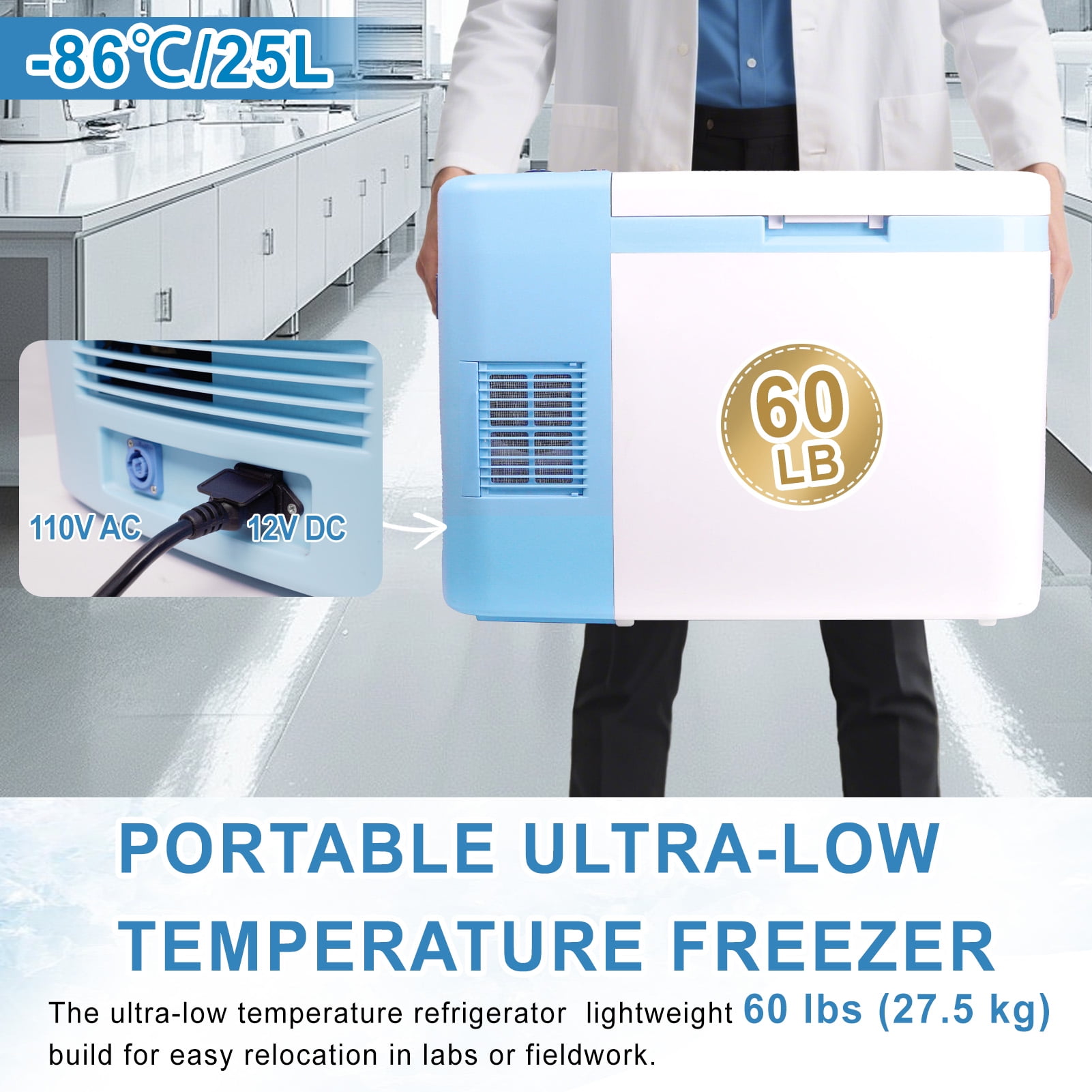 CVHVBH Lab Cryogenic Freezer, -86℃(-122.8℉) 20L Ultra Low Temperature Freezer, Portable Medical Refrigerator, Countertop Freezer for Laboratory, Lab Refrigerators for Scientific Research