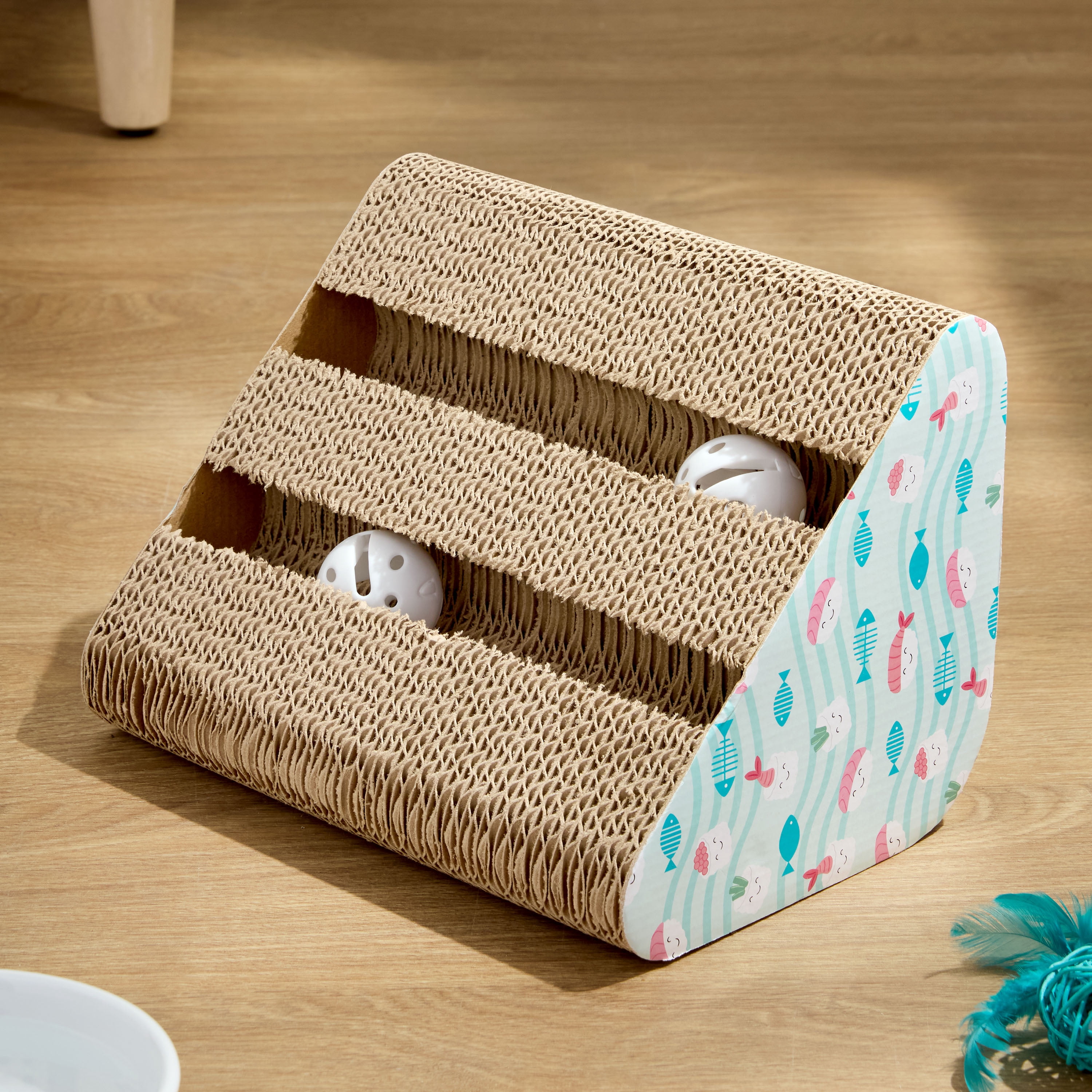 Vibrant Life Cat Scratching Pad, Corrugated Cardboard Activity Center, 3-Sided, Fish & Sushi Print, 7.5" x 10.5" x 7.5"