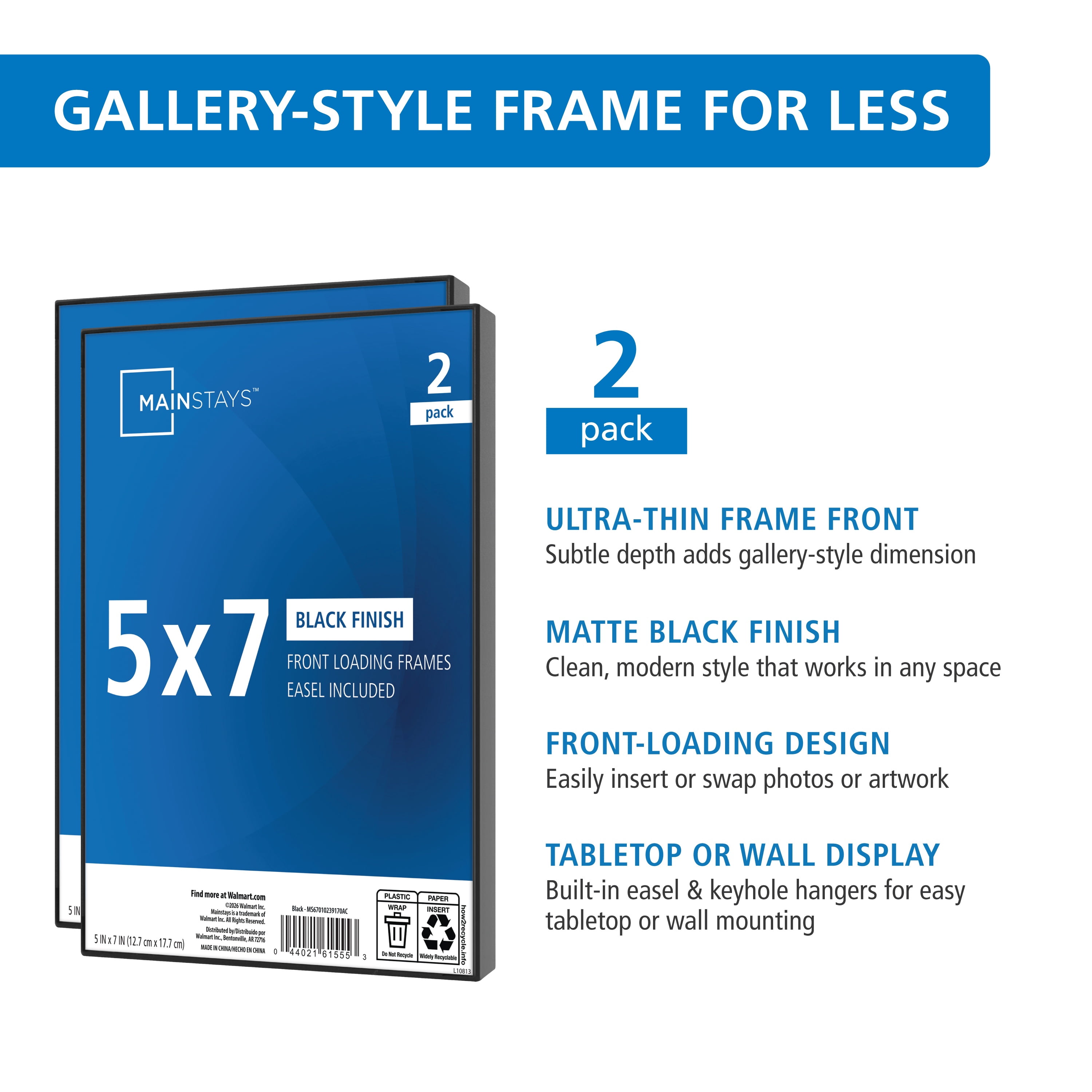Mainstays 5x7 Picture Frame Black Front Loading Wall or Tabletop Photo Frame, Set of 2