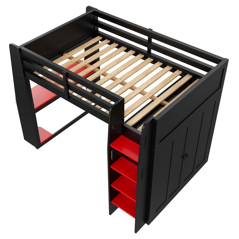Euroco Wood Full Size Loft Bed with Desk and Wardrobe, High Loft with LED Light and USB Ports, Black