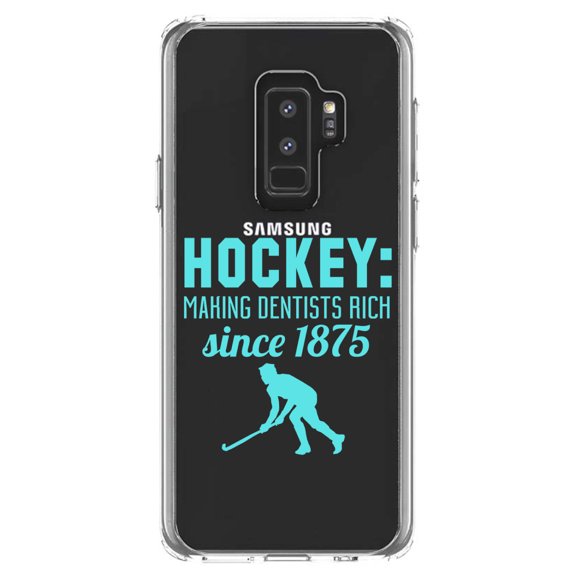 DistinctInk Clear Shockproof Hybrid Case for Samsung Galaxy S9  PLUS (6.2" Screen) - TPU Bumper Acrylic Back Tempered Glass Screen Protector - Hockey Making Dentists Rich Since 1875