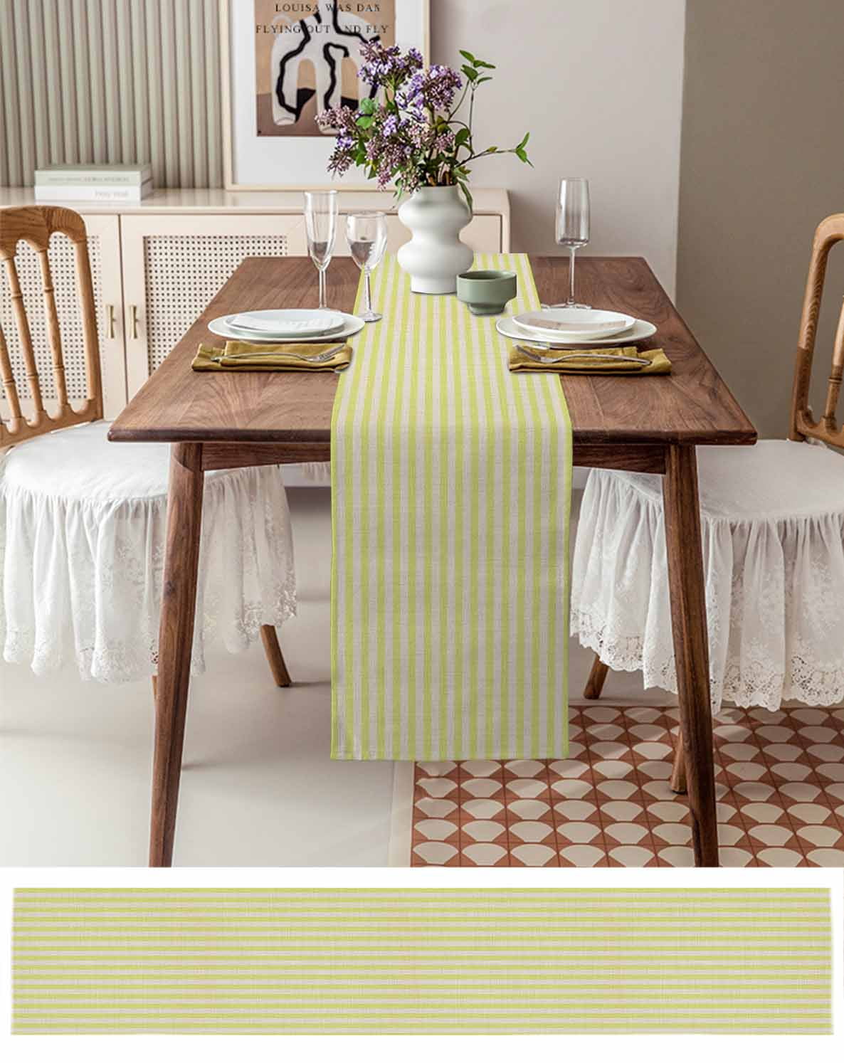 Yellow Striped Table Runner 70 Inches, Modern Simple Farmhouse Beige Vintage Bed Runner Dresser Scarves Tabletop for Indoor Outdoor Parties/Ceremony/Banquet, 13" x 70"