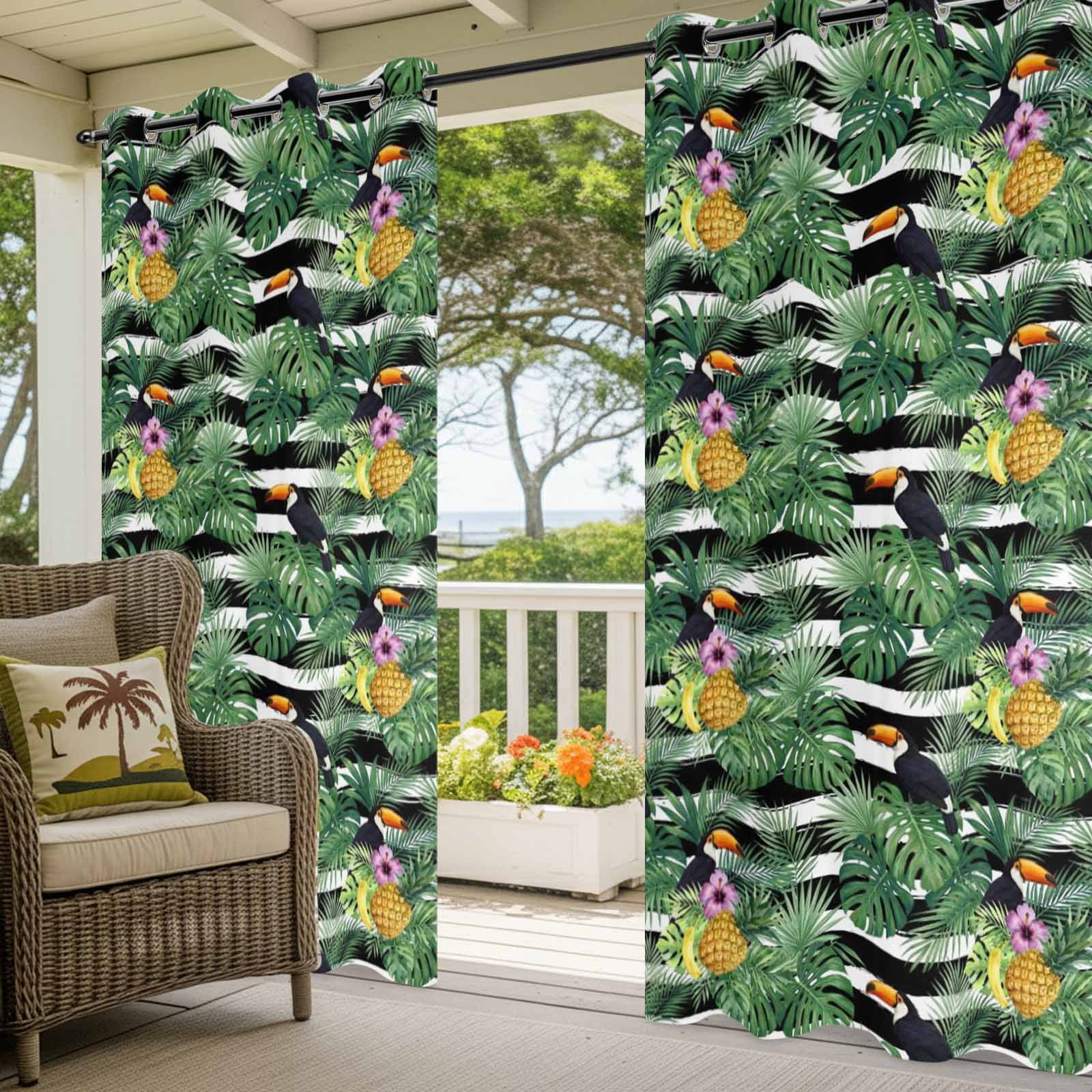 Summer Black Bird Outdoor Curtains for Patio, Pineapple Green Leaf Tropical Plant Pink Flower Striped Sunshade Privacy Drapes Grommet Waterproof Outside Curtains for Porch Balcony 54"x108", 1 Panel