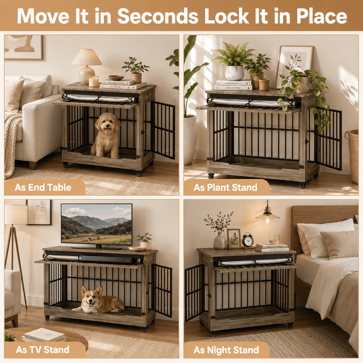 Aukfa 38.6-Inch Large Dog Crate Furniture, Indoor Dog Kennel Decorative Pet Cage End Table, Lift-Up Door, Curtain & Wheels,Greige