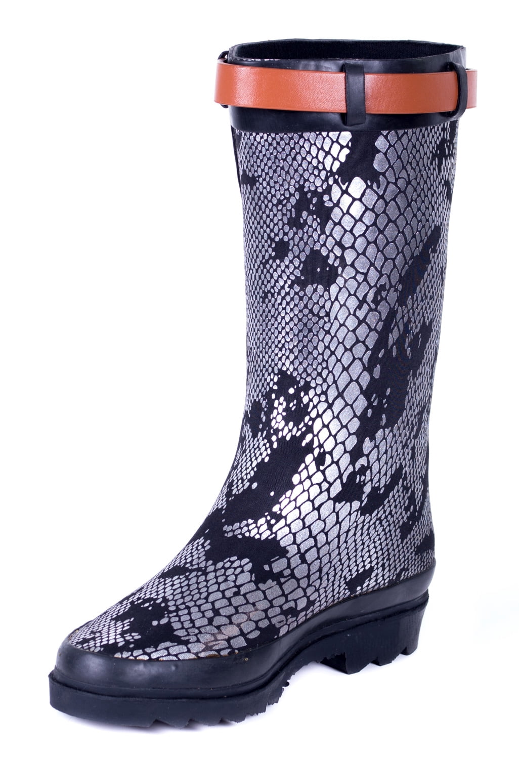 Forever Young Women Rubber Rain Boots, Metallic Snakeskin Design