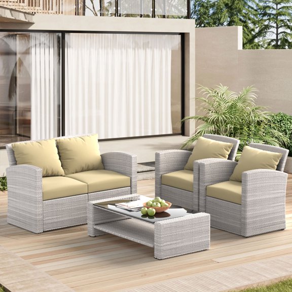 Highsound 4 Piece Outdoor Patio Furniture Sets, Bohemia Outdoor Sofa PE Garden Furniture Wicker Rattan Patio Conversation Set with Coffee Table, Beige