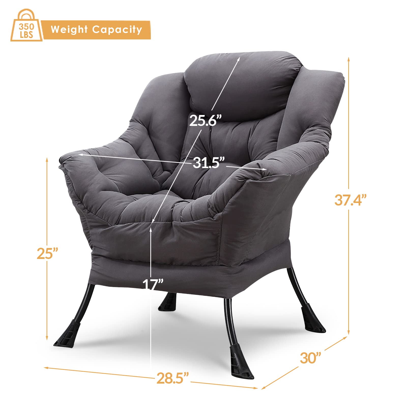 W WARMHOL Modern Velvet Lazy Chair with Side Pocket, Reclining Armchair, Steel Frame, Grey
