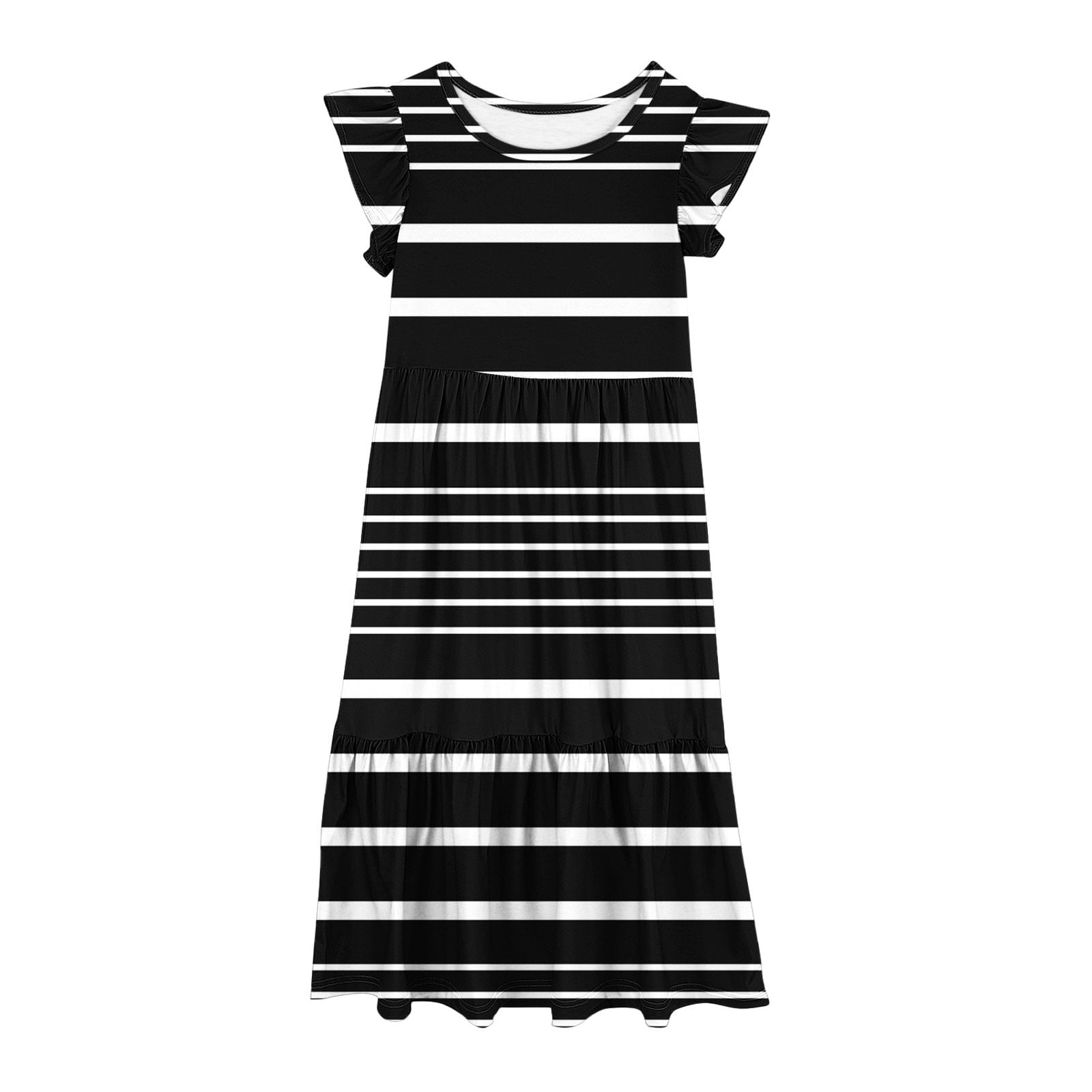 2025 Girls Dresses with Pockets 6-12 Years Kids Ruffle Short Sleeve Trendy Stripe Printed Crewneck Going Out Long Maxi Dress