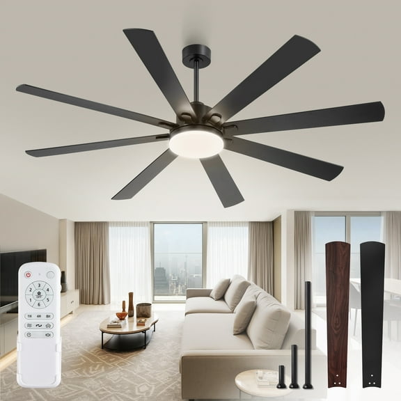 Zardon 72in Ceiling Fan with Light and Remote Control, Large Modern Ceiling Fan with 6 Speeds Reversible, for Indoor Outdoor, Patios, Black