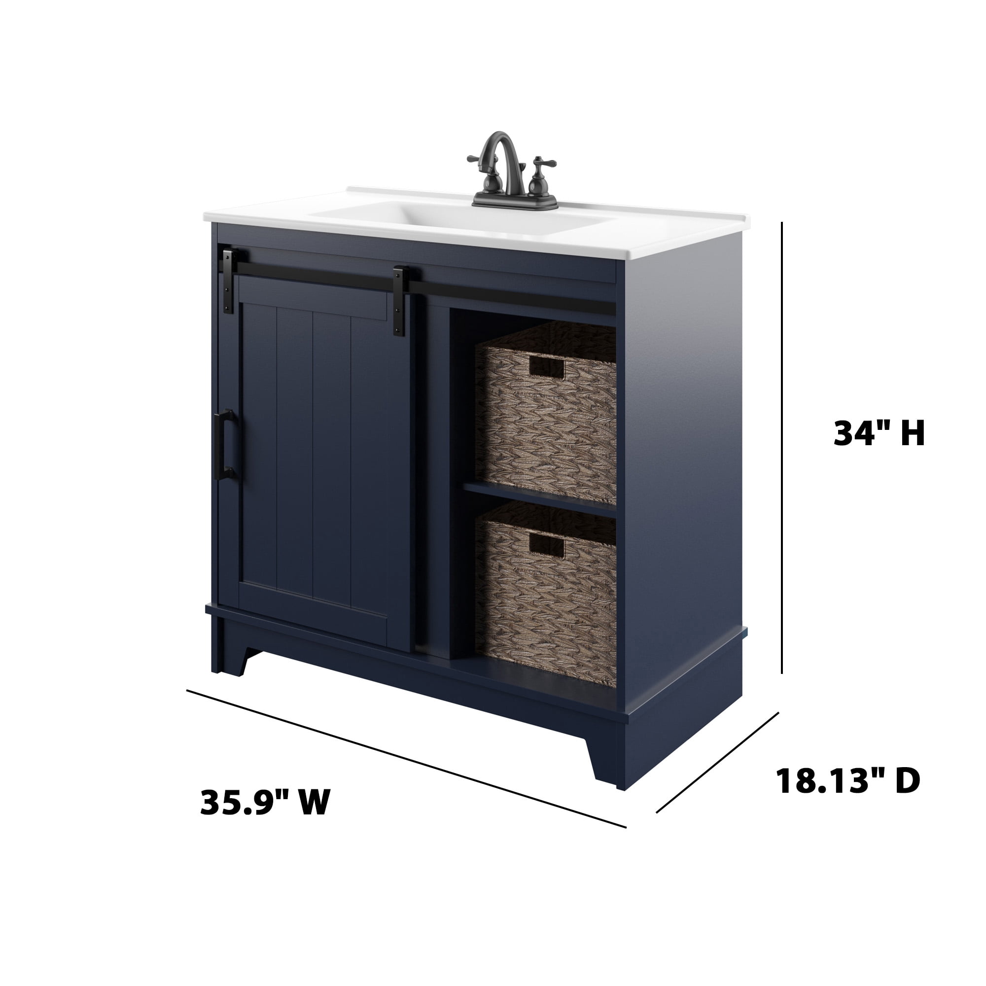 Twin Star Home 36" Sliding Barn Door Single Bathroom Vanity with Woven Baskets