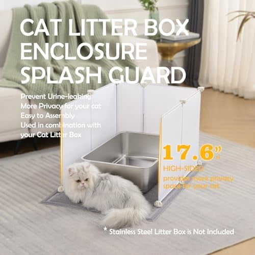 Cat Litter Box Enclosure Splash Guard Extra Large 28L × 21.5W x 18H inch, Light Weight Plastic Sheets with Cat Litter Mat Easy Clean (White)