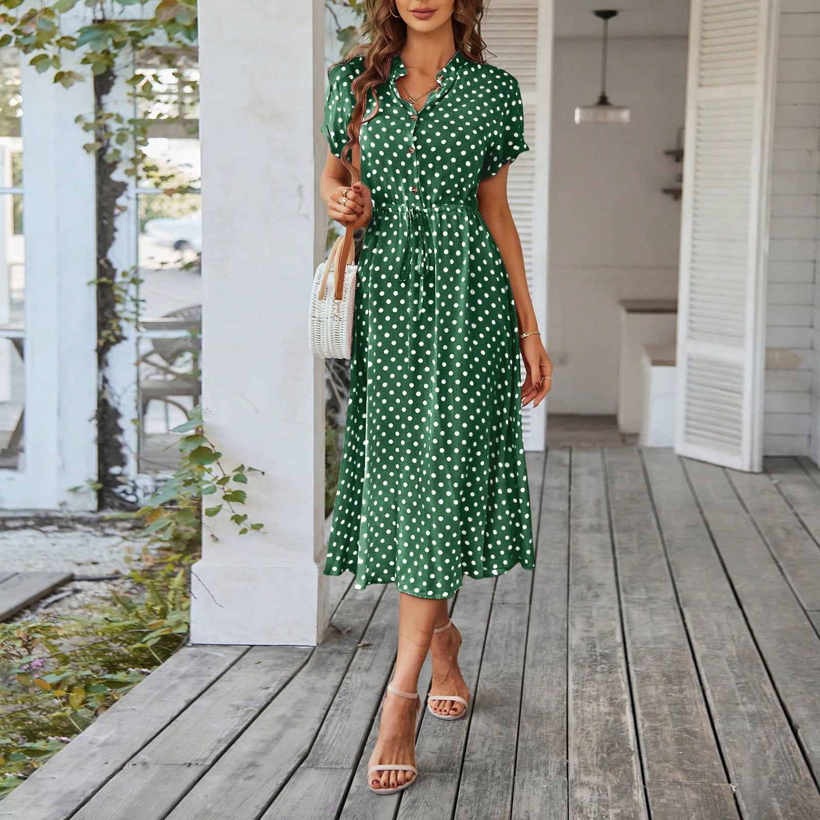 green polka dot midi dress Women's Vintage Short Sleeve V-Neck Button Down Casual Summer Dress with Adjustable Waist Tie,Army 2XL Ladies dresses