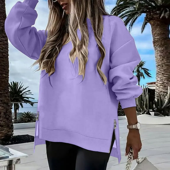 Women's Sweatshirts Casual Crewneck Long Sleeve Tunic Pullover Shirts Side Zipper Loose Pullover Tops
