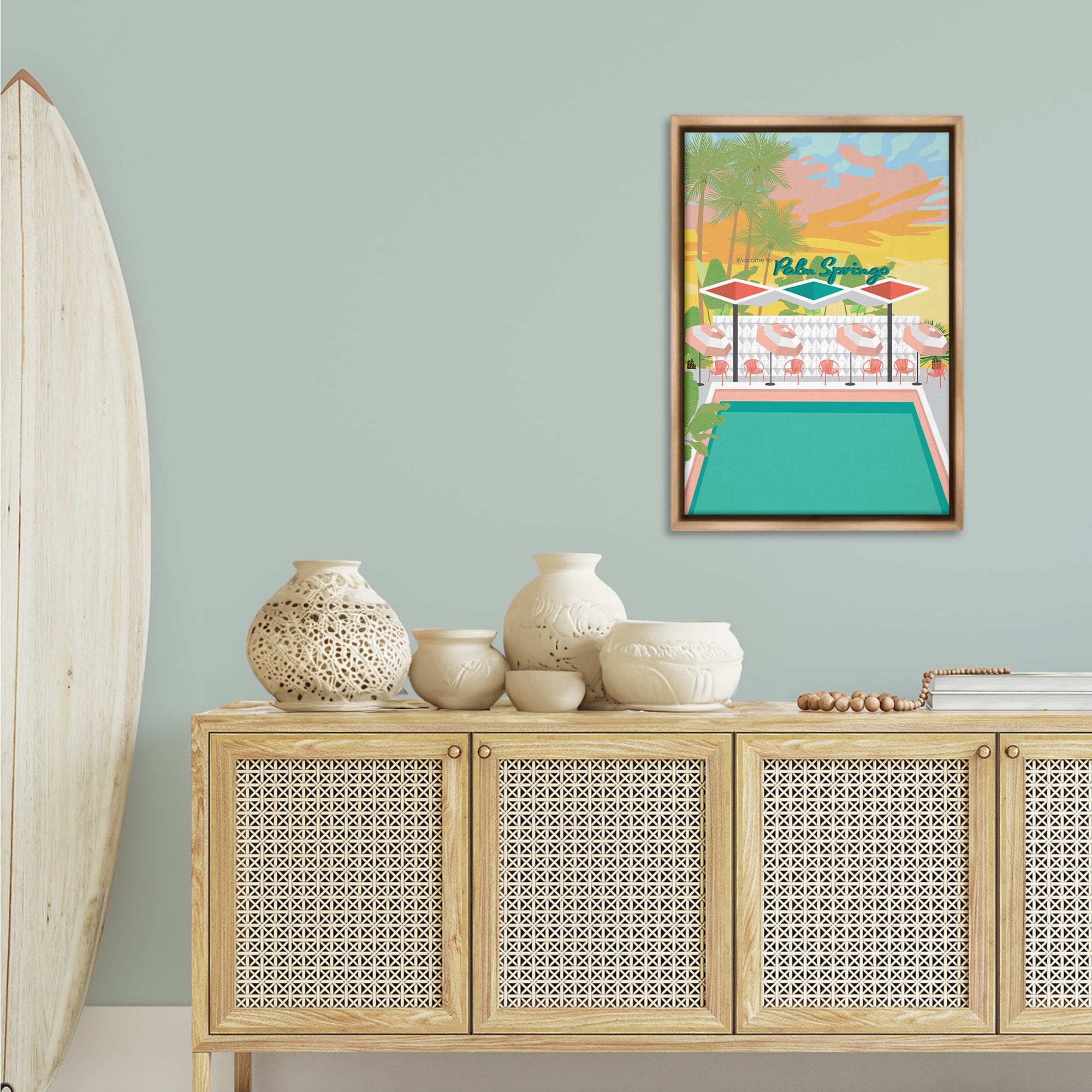 Stupell Industries Palm Springs Pool Time Landscape & Nature Painting Brown Floater Framed Canvas Art Print Wall Art, 21 x 31