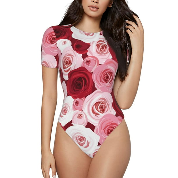 Balery Rose Body de cuello redondo de manga corta para mujer Tops de manga corta Tops básicos-Medium