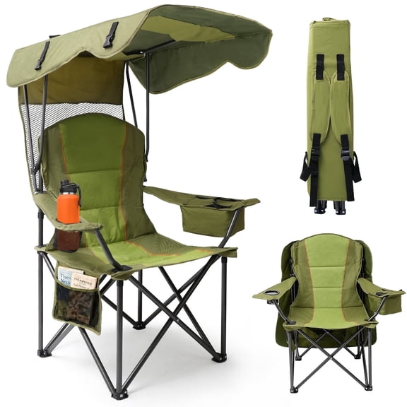DKMOCO Camping Chair with Canopy, Outdoor Folding Chair with Adjustable Sun Shade, Cup Holder, Side Pocket, Heavy Duty Portable Lawn Chair for Adults, Green