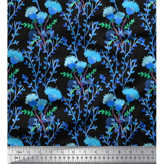 Soimoi Black Cotton Duck Fabric Flower & Leaves Watercolor Print Fabric by the Yard 42 Inch Wide