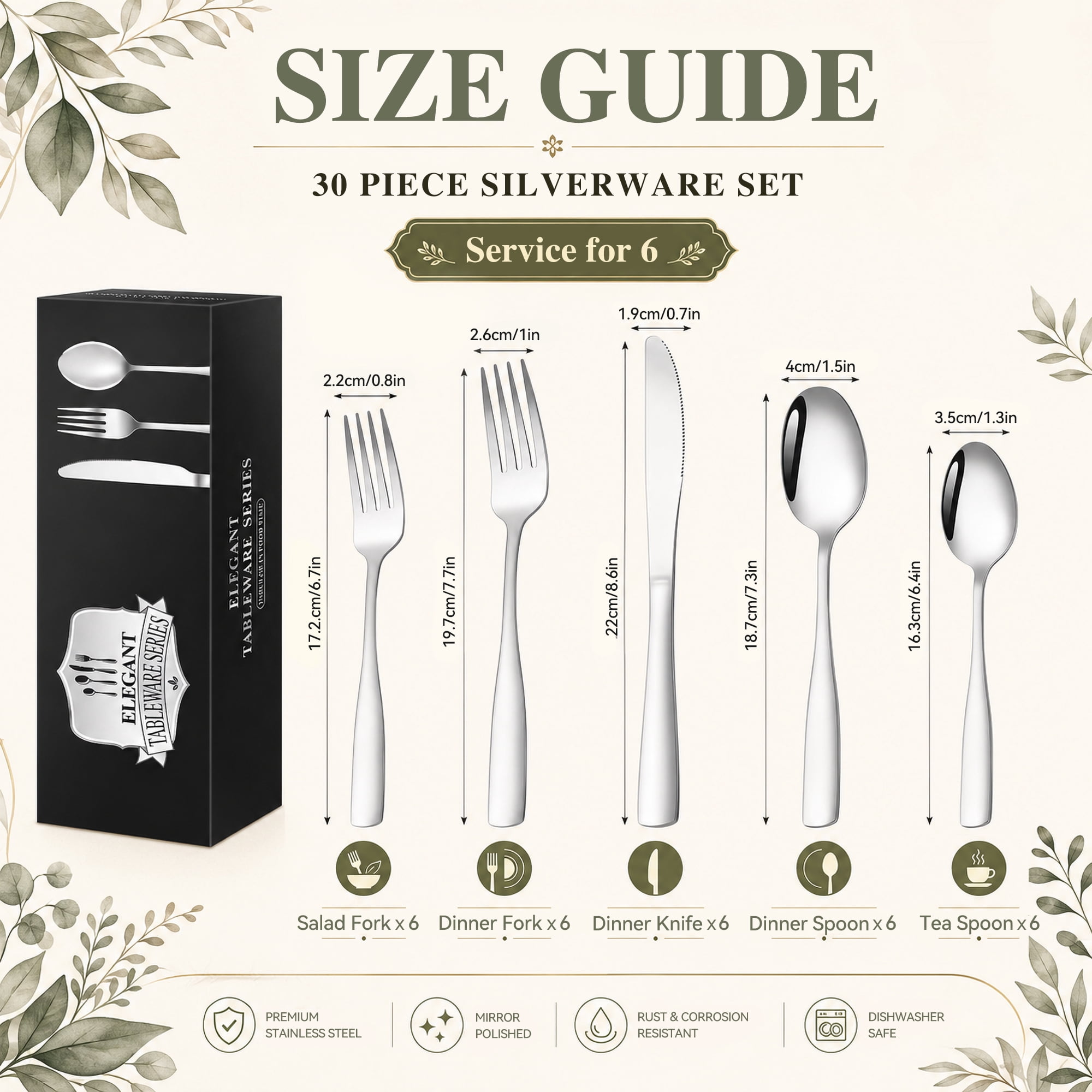 TINANA Silverware Set, 30 PCS Flatware for 6, Mirror Polished