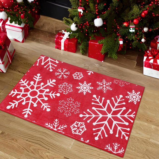 Area Rugs Washable Christmas Rug Xmas Holiday Large Area Rug Non Shedding Soft Christmas Snow Print Solid Rugs for Nursery, Red