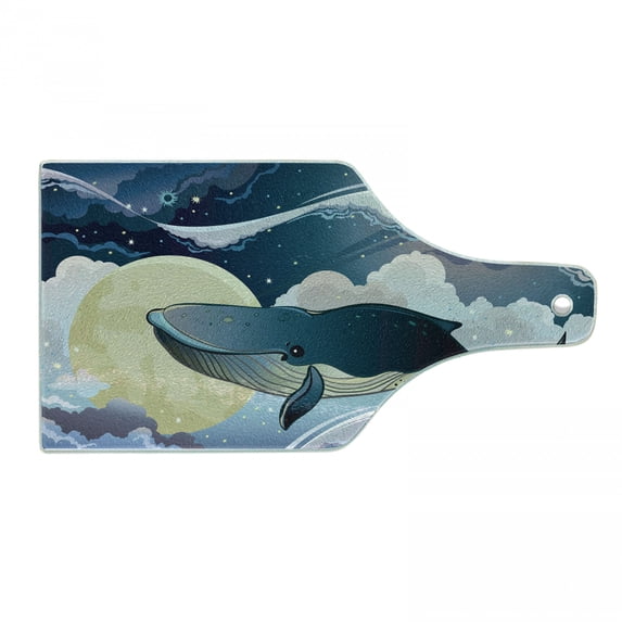 Whale Cutting Board, Cartoon Style Huge Whale Flies over the Night Clouds with Other Planets, Tempered Glass Cutting and Serving Board, Wine Bottle Shape, Night Blue and White, by Ambesonne