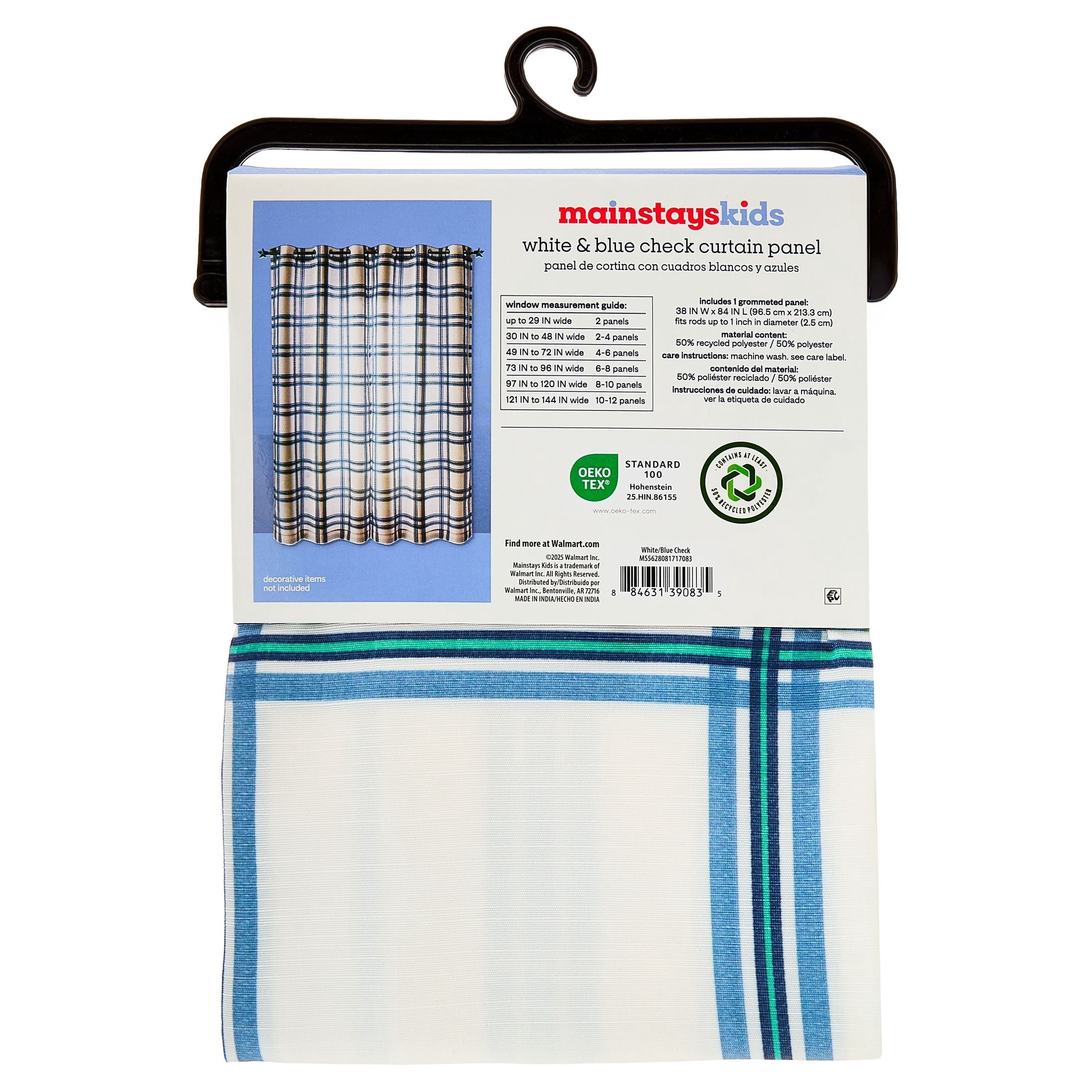 Mainstays Kids White and Blue Plaid Check Light Filtering Grommet Single Curtain Panel, 38 in W x 84 in L