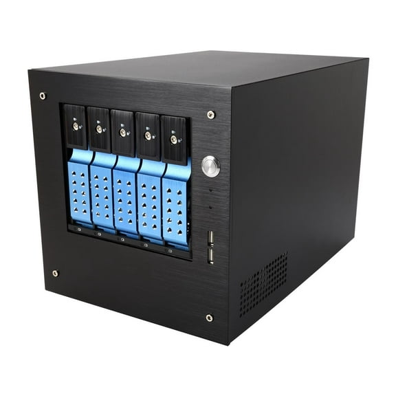 iStarUSA S-35-DE5BL Black Aluminum / Steel Tower Compact Stylish 5x 3.5" Hotswap Trayless mini-ITX Tower - Blue HDD Handle